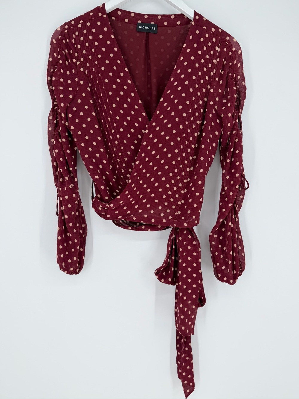 NICHOLAS Polka Dot Pintuck Silk Wrap Top